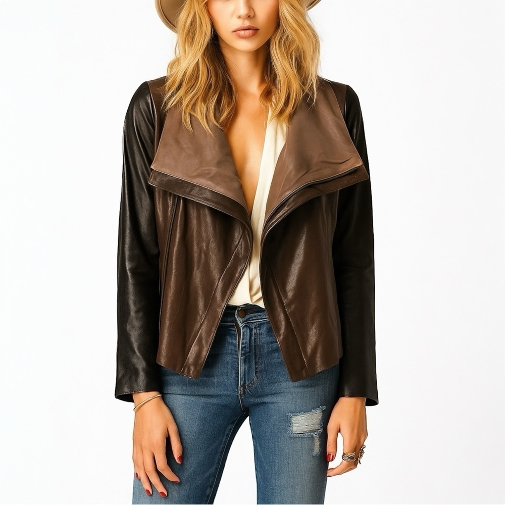 VINCE Lamb‎ Leather Colorblock Moto Jacket